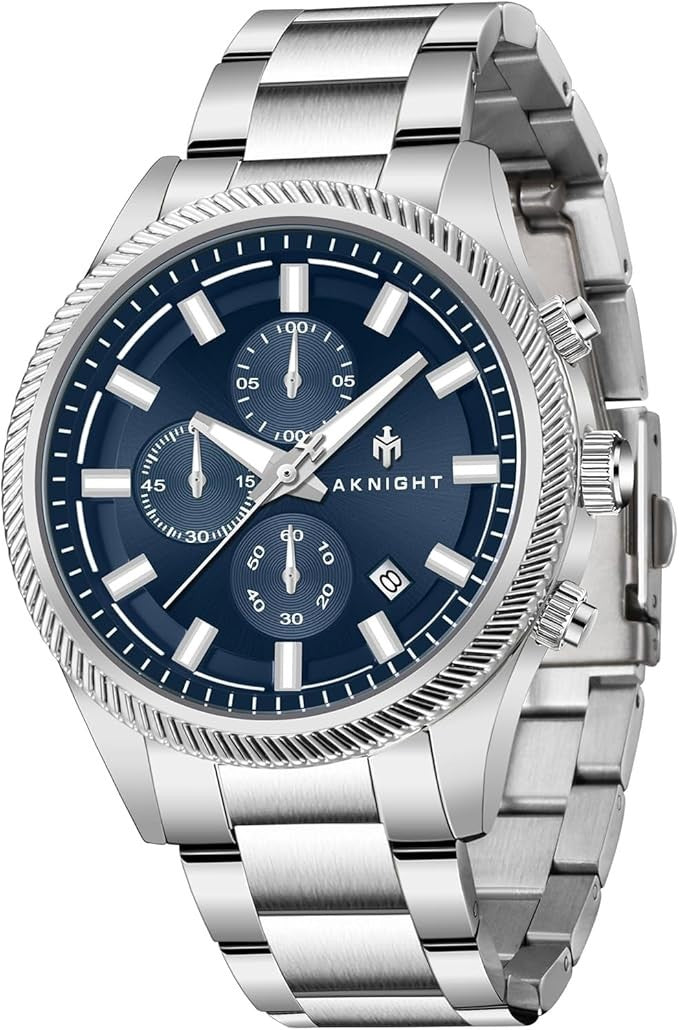 BENYAR AKNIGHT Men's Watches 45mm Big Face, Waterproof Chronograph Silver & Blue