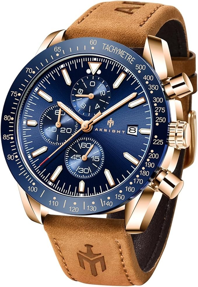 AKNIGHT Leather Watch for Men  Analog Chronograph Waterproof Copper & Blue