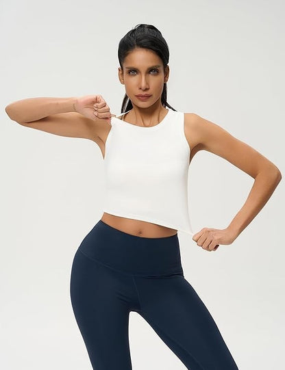 Women's High Neck Crop Top Sleeveless Racer Back Basic Workout Tank Tops - White