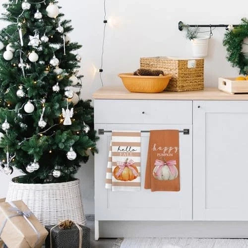 Fall Pumpkin Decor Kitchen Towels and Dishcloths Set of 2, Pink Happy Pumpkin