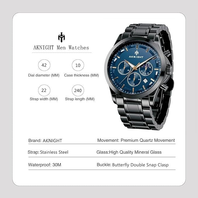 AKNIGHT Men's Watches 45mm Big Face, Waterproof Chronograph Black & Blue