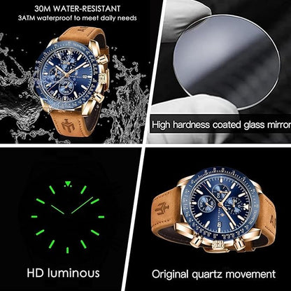AKNIGHT Leather Watch for Men  Analog Chronograph Waterproof Copper & Blue