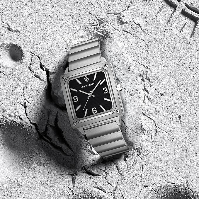 AKNIGHT Men's Square Watches Chronograph Elegant Business Watch Silver & Black