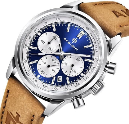 AKNIGHT Leather Watch for Men  Analog Chronograph Waterproof Silver & Blue