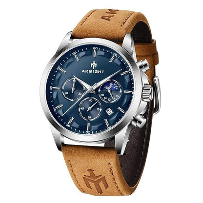 AKNIGHT Leather Watch for Men  Analog Chronograph Waterproof Silver & Blue