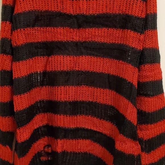 SATINIOR Red & Black Striped Gothic Sweaters Women Ripped Loose Long Knitted