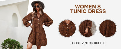 Yoyoveta Women's Black Leopard Print Long Sleeve V-Neck Ruffled Dress XL