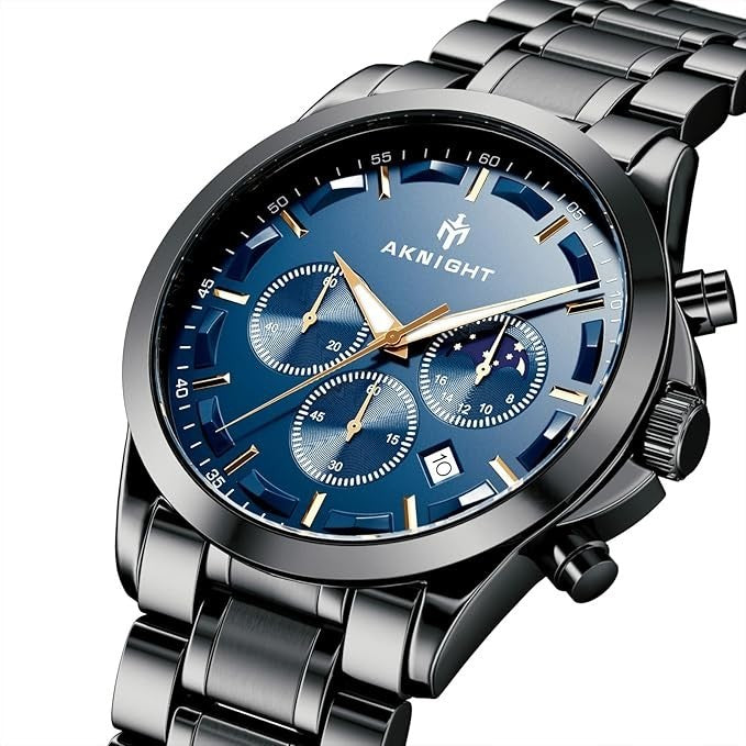 AKNIGHT Men's Watches 45mm Big Face, Waterproof Chronograph Black & Blue
