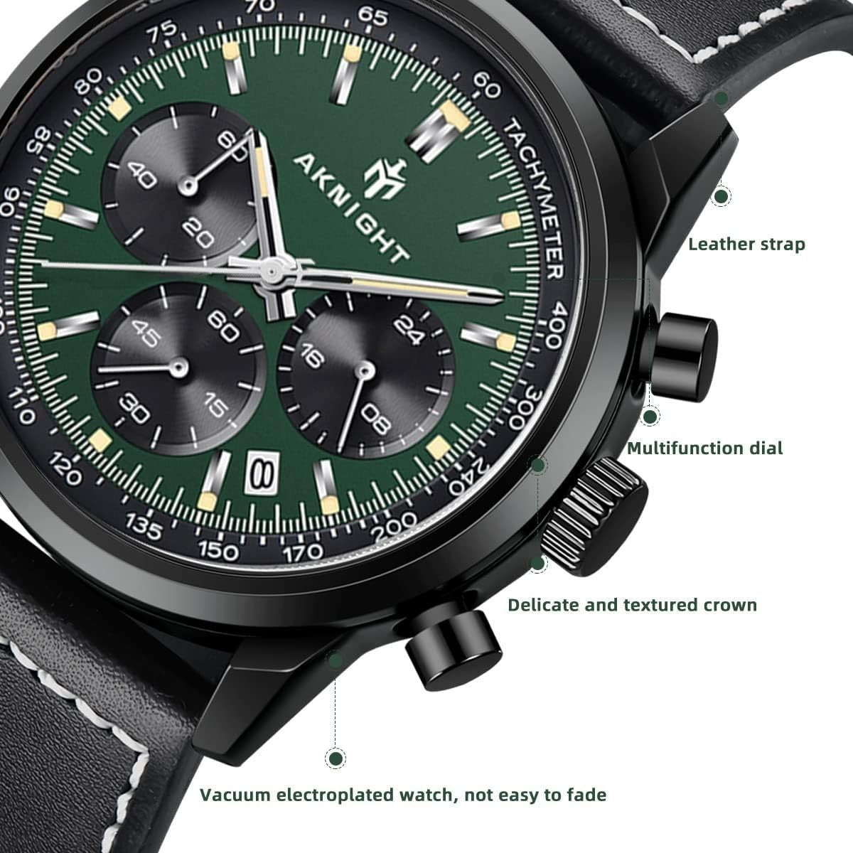 AKNIGHT Leather Watch for Men  Analog Chronograph Waterproof Black & Green