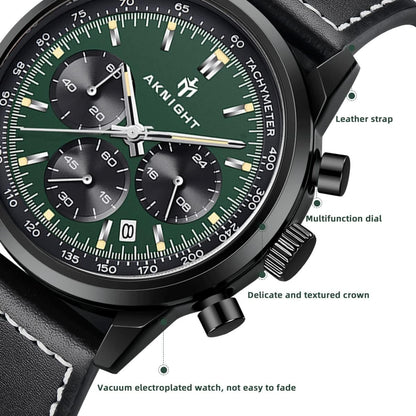 AKNIGHT Leather Watch for Men  Analog Chronograph Waterproof Black & Green