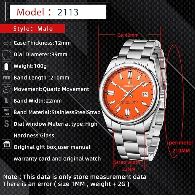 AKNIGHT Stainless Steel Watch Unisex  Analog Chronograph Waterproof Silver & Red