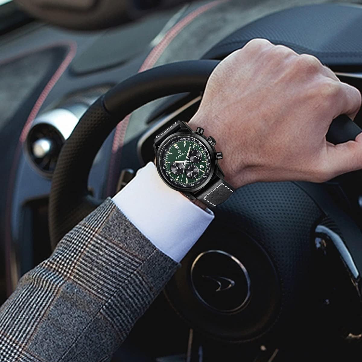 AKNIGHT Leather Watch for Men  Analog Chronograph Waterproof Black & Green