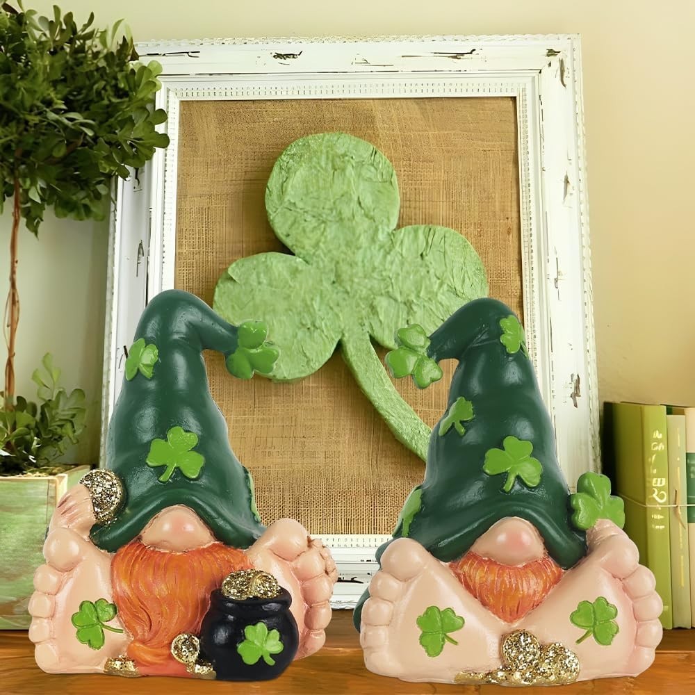 St Patrick’s Day Tabletop Decor Set – 2 Resin Gnome Leprechaun Figurines