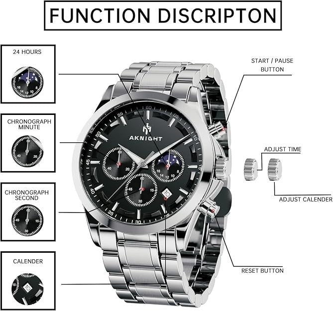 AKNIGHT Men's Watches 45mm Big Face, Waterproof Chronograph Silver & Black