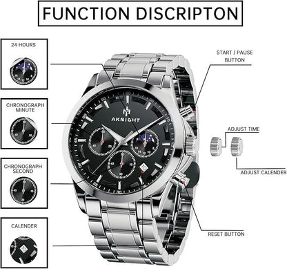 AKNIGHT Men's Watches 45mm Big Face, Waterproof Chronograph Silver & Black