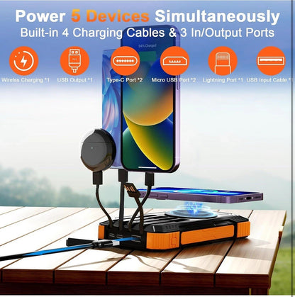 Wongkuo Solar Charger Power Bank - 49800mAh, with Built-In Charging Cords