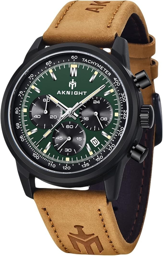 AKNIGHT Leather Watch for Men  Analog Chronograph Waterproof Black & Green