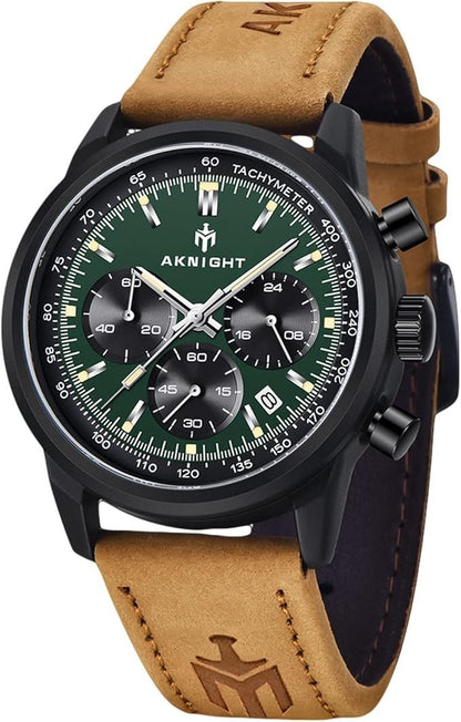 AKNIGHT Leather Watch for Men  Analog Chronograph Waterproof Black & Green
