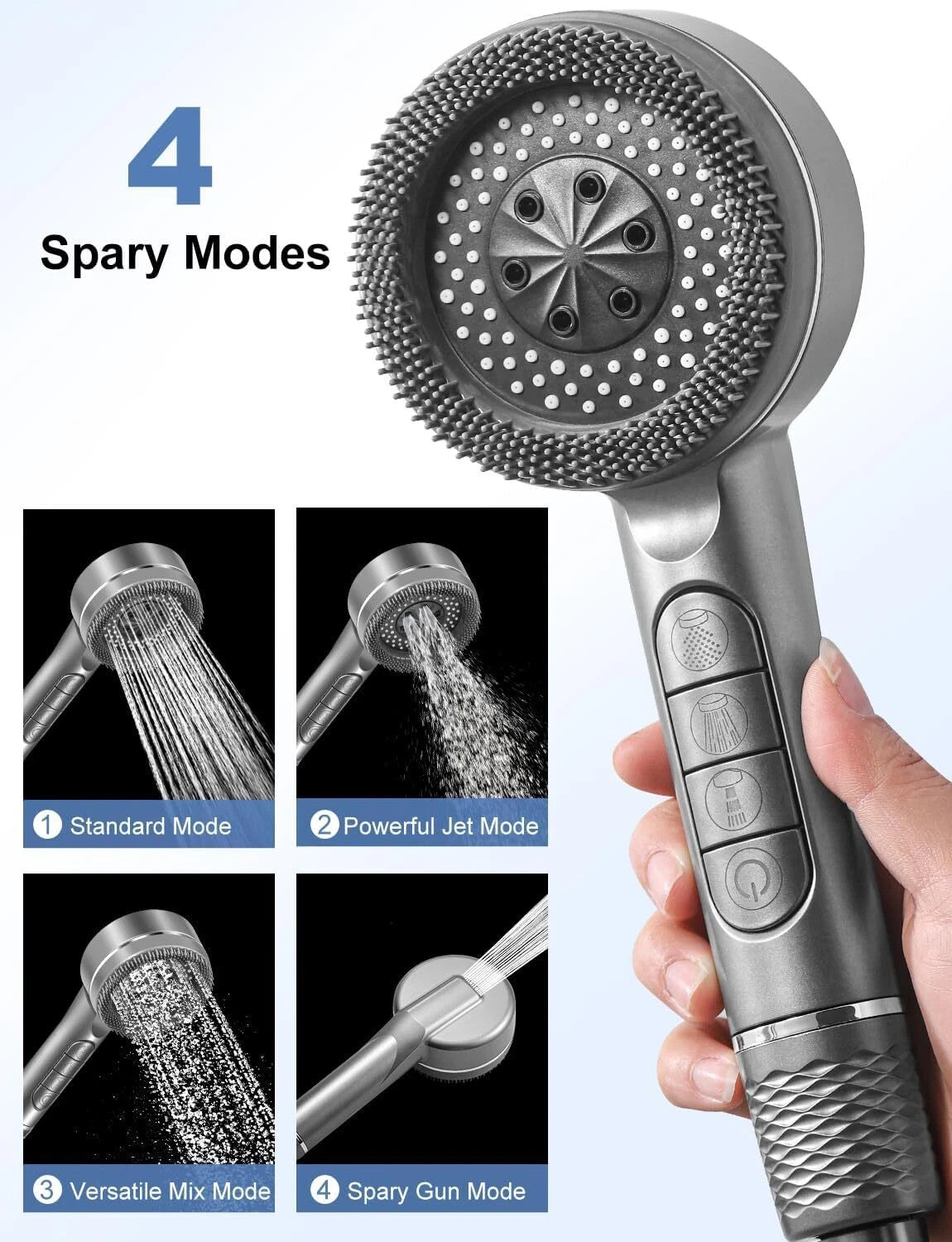 High Pressure Shower Head 4 Settings Handheld Shower Heads Spray With 5 FT Hose