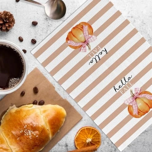 Fall Pumpkin Decor Kitchen Towels and Dishcloths Set of 2, Pink Happy Pumpkin