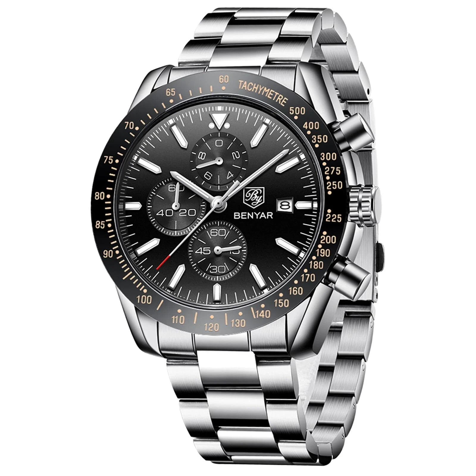 BENYAR Men's Chronograph Watch BY5140 Silver Stainless Steel, Black Dial, Quartz