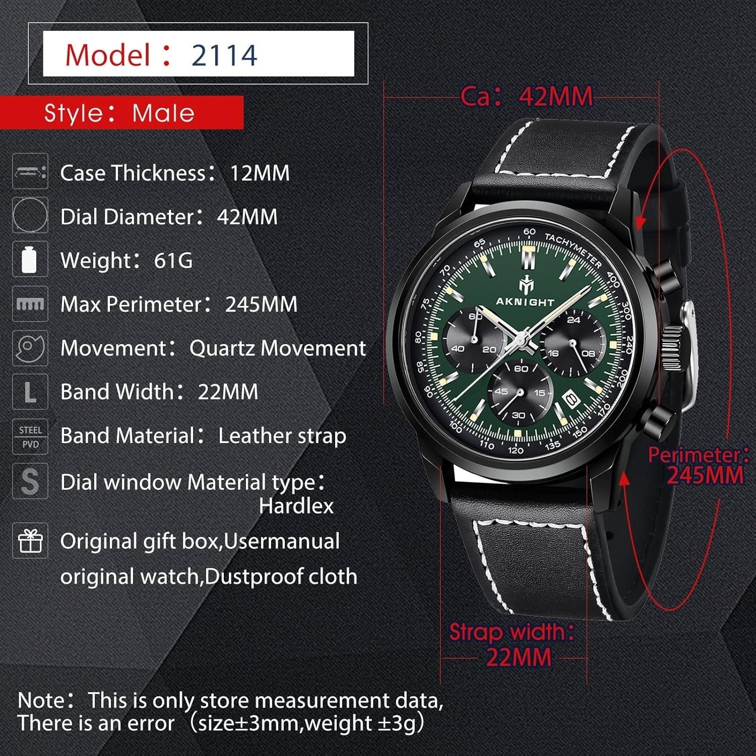 AKNIGHT Leather Watch for Men  Analog Chronograph Waterproof Black & Green