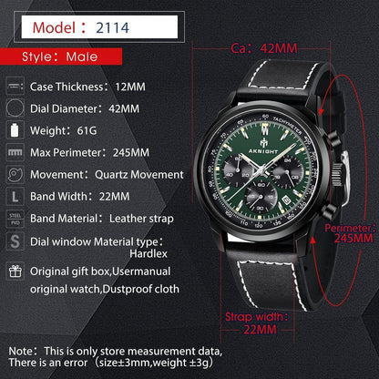 AKNIGHT Leather Watch for Men  Analog Chronograph Waterproof Black & Green