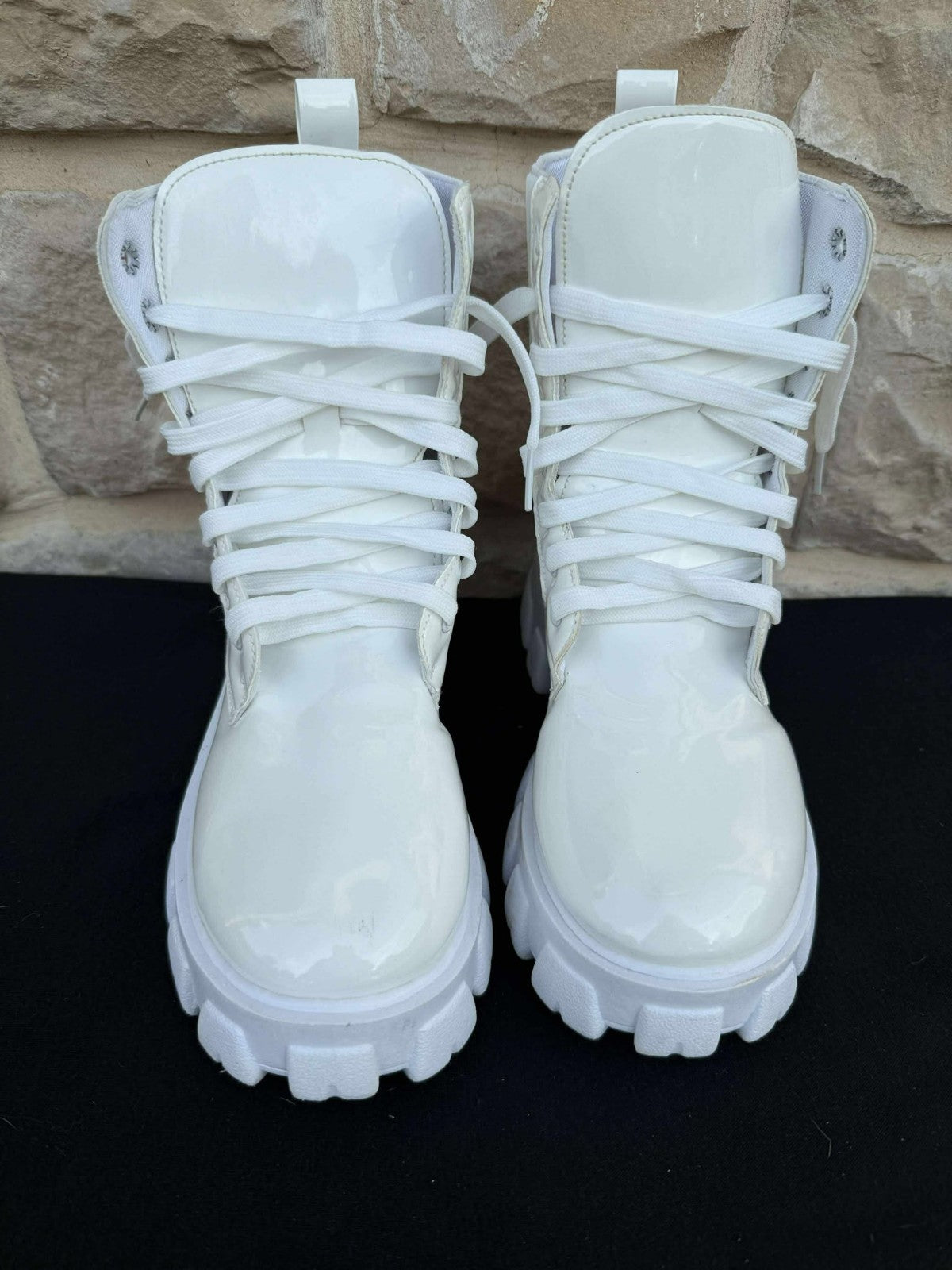 Pre-owned Women Mid Calf Round Toe Platform Boots Chunky Block Heel 8" High