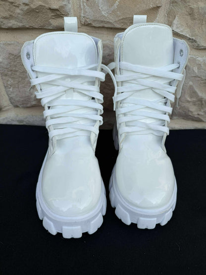 Pre-owned Women Mid Calf Round Toe Platform Boots Chunky Block Heel 8" High