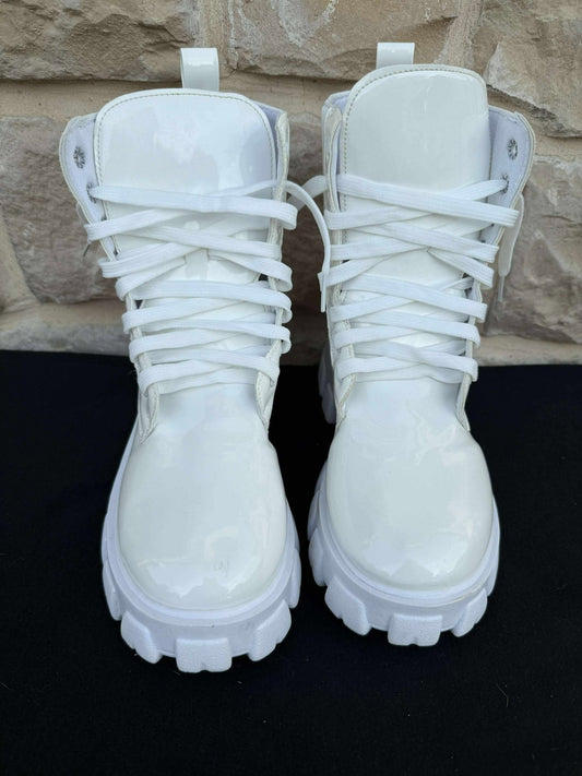 Pre-owned Women Mid Calf Round Toe Platform Boots Chunky Block Heel 8" High