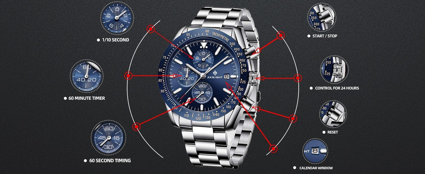 AKNIGHT Men's Watches 45mm Big Face, Waterproof Chronograph Silver & Blue