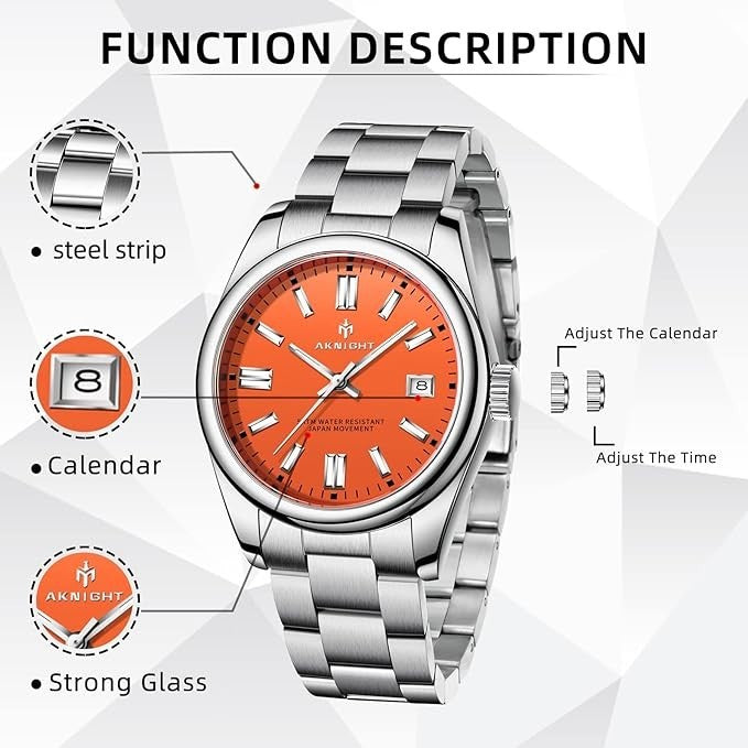 AKNIGHT Stainless Steel Watch Unisex  Analog Chronograph Waterproof Silver & Red