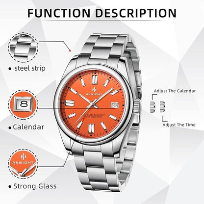 AKNIGHT Stainless Steel Watch Unisex  Analog Chronograph Waterproof Silver & Red