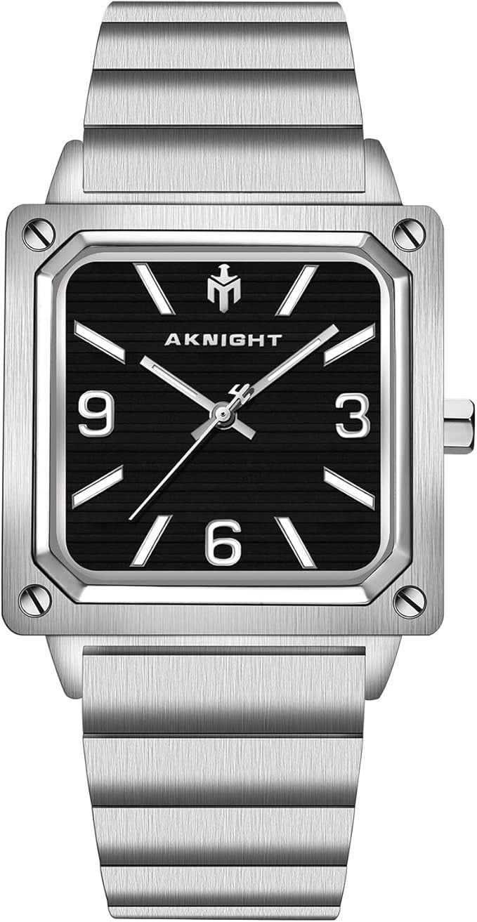 AKNIGHT Men's Square Watches Chronograph Elegant Business Watch Silver & Black