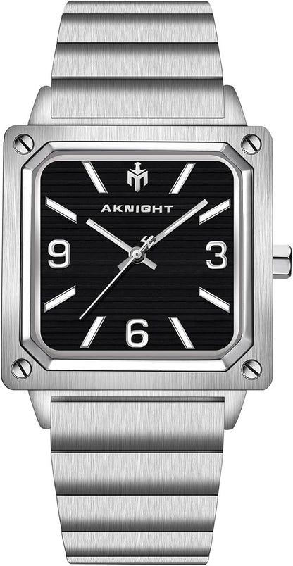 AKNIGHT Men's Square Watches Chronograph Elegant Business Watch Silver & Black