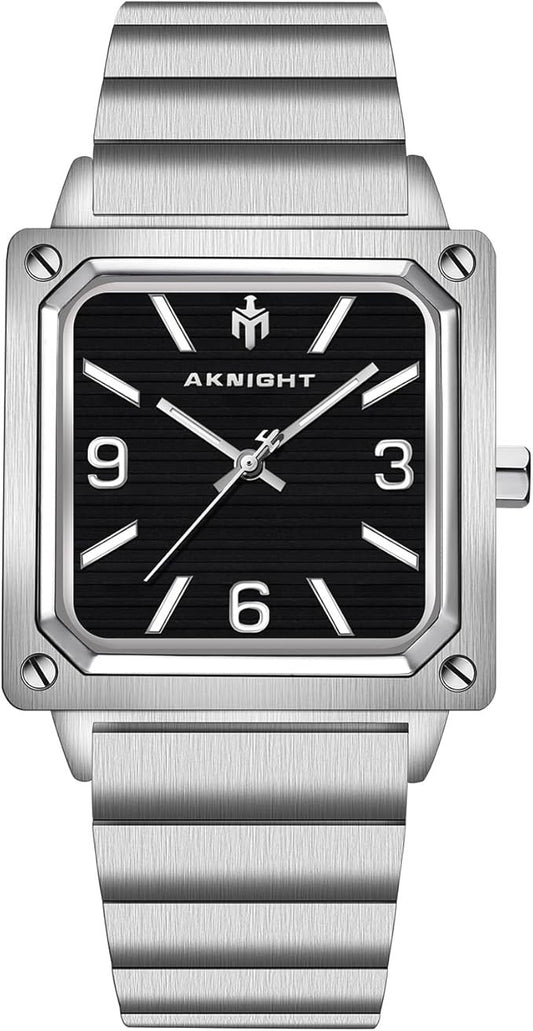AKNIGHT Men's Square Watches Chronograph Elegant Business Watch Silver & Black