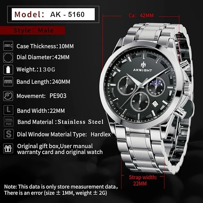 AKNIGHT Men's Watches 45mm Big Face, Waterproof Chronograph Silver & Black