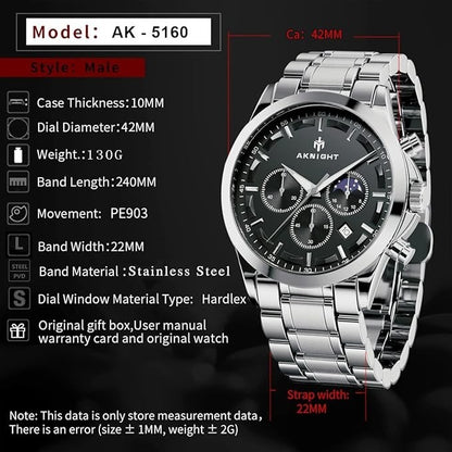 AKNIGHT Men's Watches 45mm Big Face, Waterproof Chronograph Silver & Black