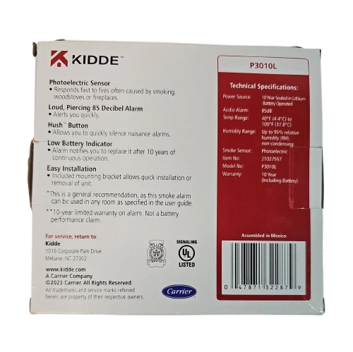 Kidde Ten Year Smoke Alarm P3010L Sealed-In Lithium Battery Photoelectric Sensor