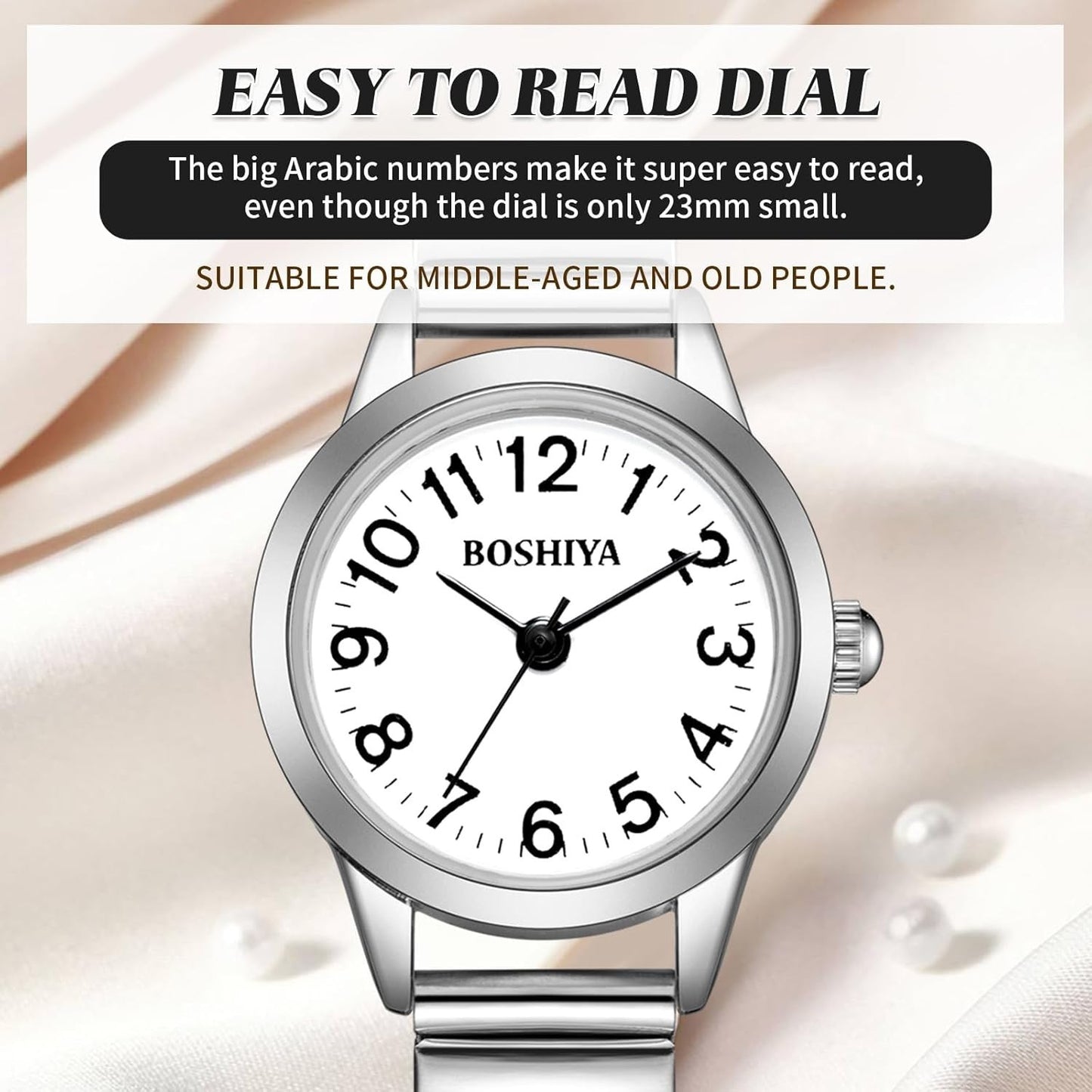 BOSHIYA Small Silver Women's Watch, Easy Reader Analog Ladies Quartz
