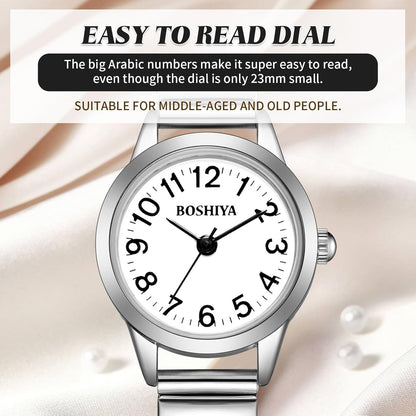 BOSHIYA Small Silver Women's Watch, Easy Reader Analog Ladies Quartz