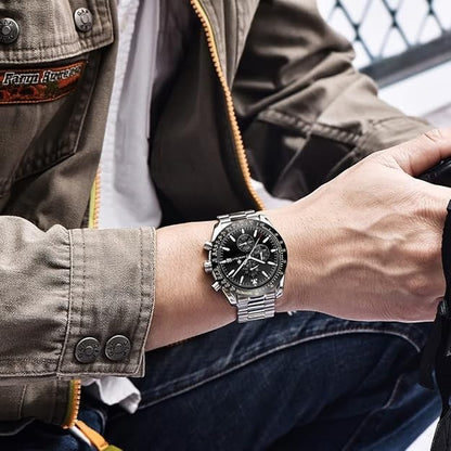 AKNIGHT Men's Watches 45mm Big Face, Waterproof Chronograph Silver & Black