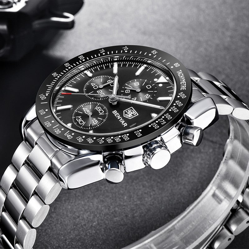 BENYAR Men's Chronograph Watch BY5140 Silver Stainless Steel, Black Dial, Quartz