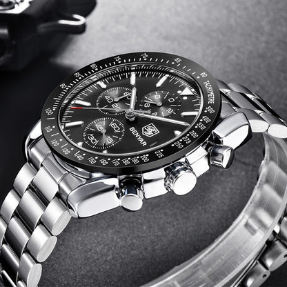 BENYAR Men's Chronograph Watch BY5140 Silver Stainless Steel, Black Dial, Quartz