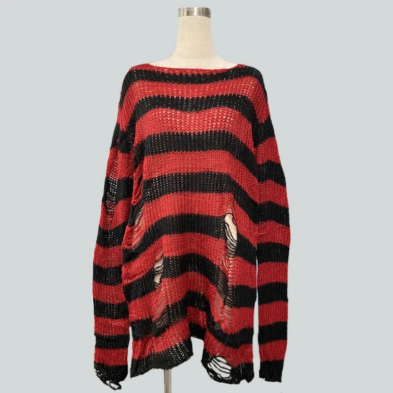SATINIOR Red & Black Striped Gothic Sweaters Women Ripped Loose Long Knitted