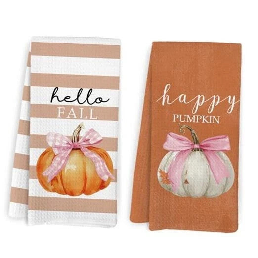 Fall Pumpkin Decor Kitchen Towels and Dishcloths Set of 2, Pink Happy Pumpkin
